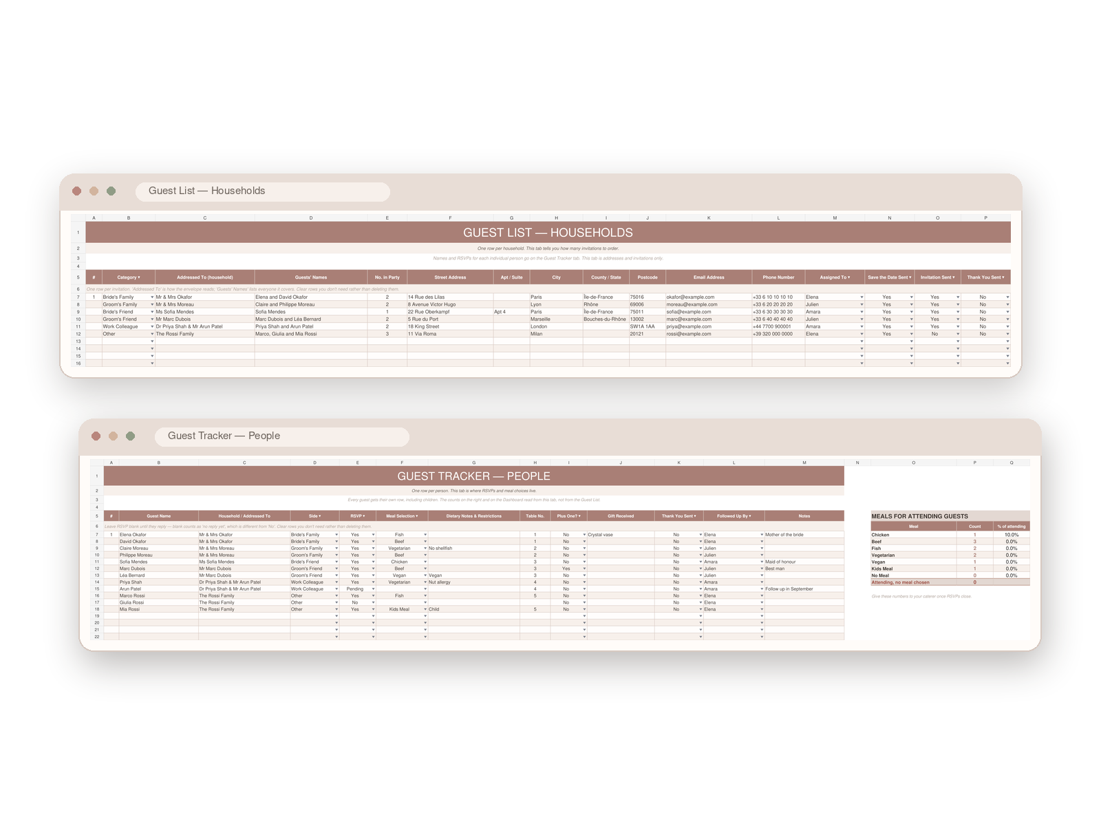 Two Command Center tabs: Guest List — Households, one row per invitation with addressee, guests' names, party size, full postal address, email, phone and save-the-date, invitation and thank-you tracking; and Guest Tracker — People, one row per guest with side, RSVP, meal selection, dietary notes, table number and plus-one, next to a meal count summary for the caterer.