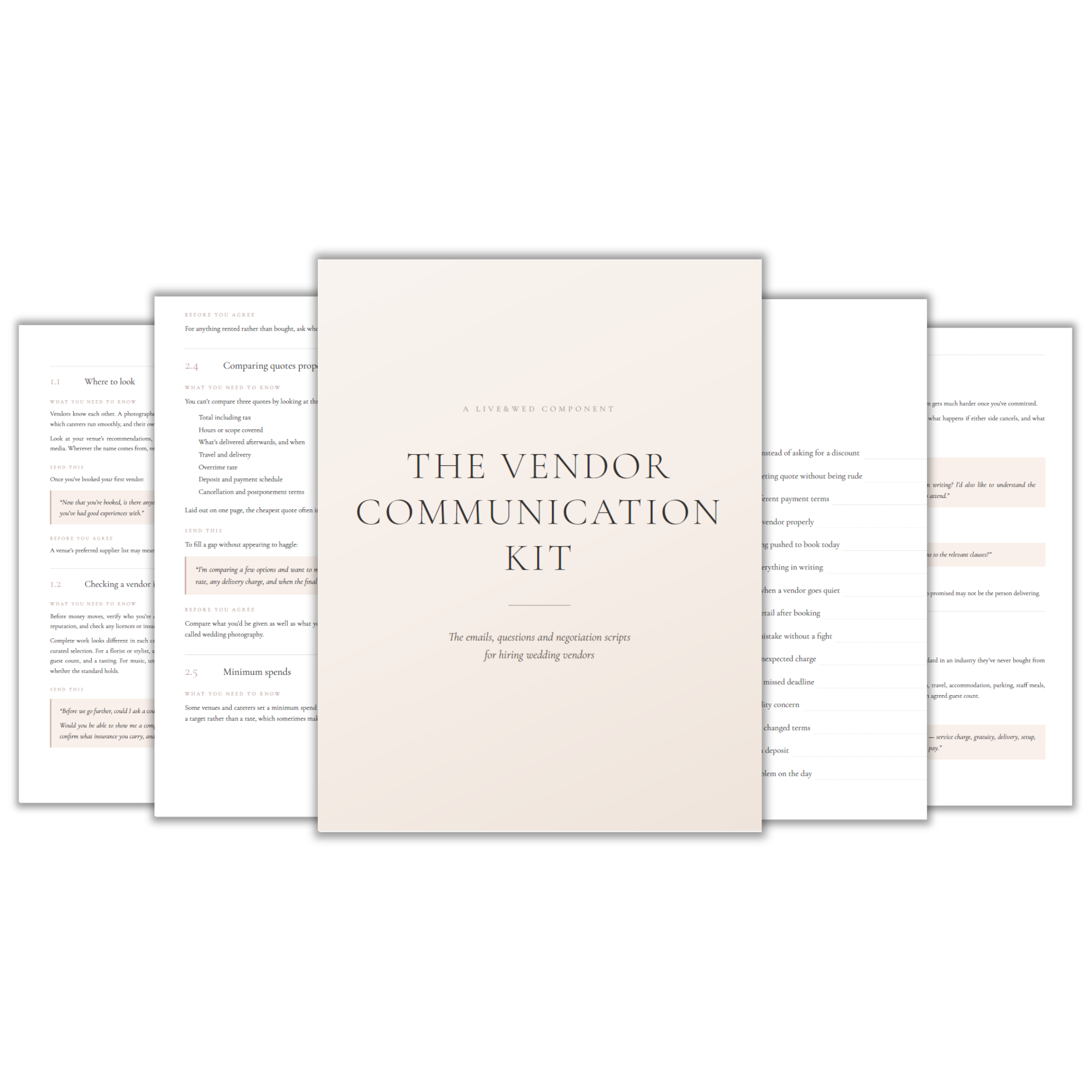 Five pages of The Vendor Communication Kit PDF fanned out: the ivory cover in the centre, with interior pages covering where to look for vendors, checking a vendor is legitimate, comparing quotes line by line, minimum spends, and highlighted word-for-word scripts to send.