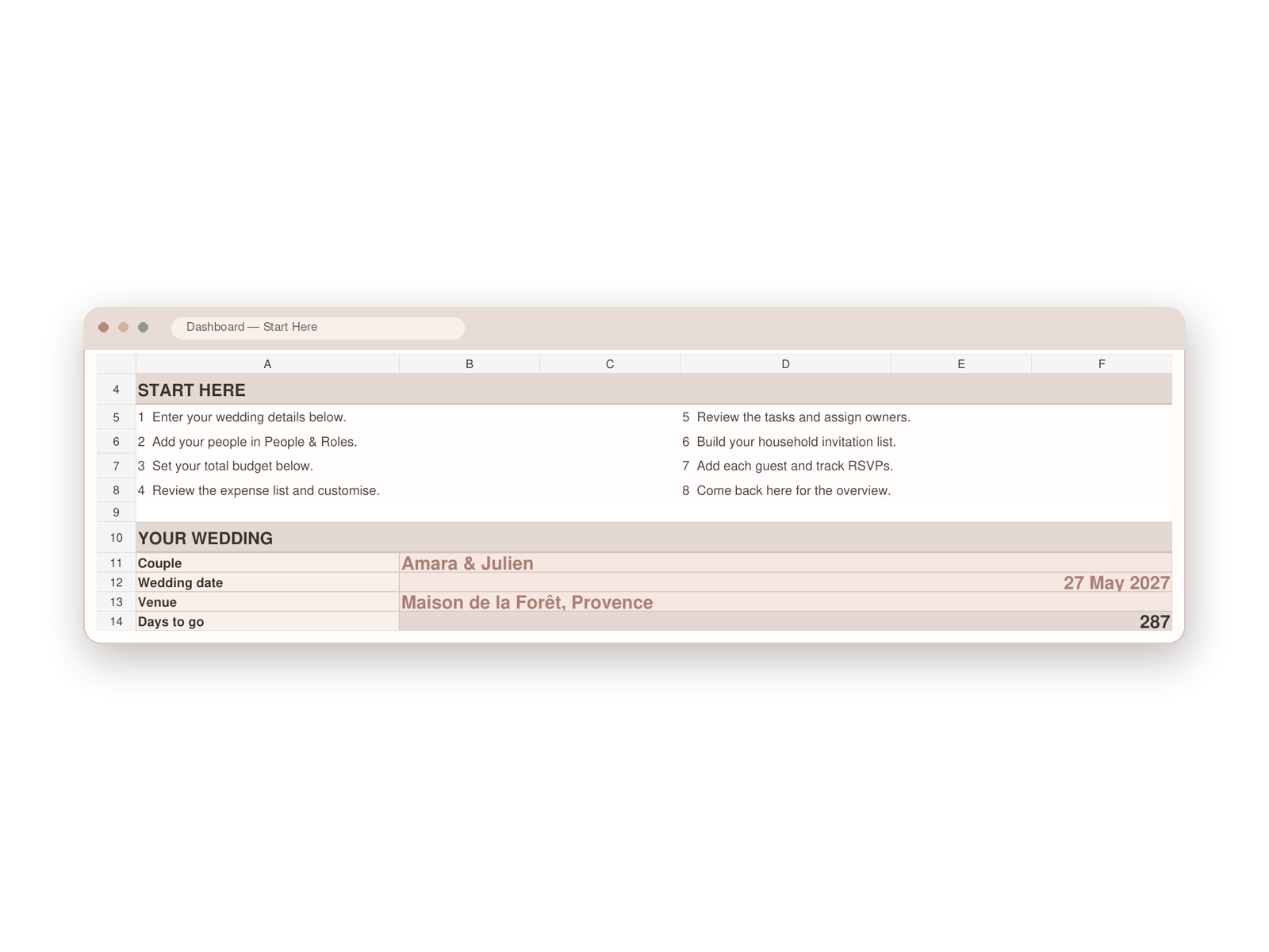 The Command Center Start Here tab: an eight-step numbered setup list telling you to enter your wedding details, add your people and roles, set your total budget, review the expense list, assign task owners, build the household invitation list, add each guest and track RSVPs, above a Your Wedding block showing the couple, wedding date, venue and a days-to-go countdown.